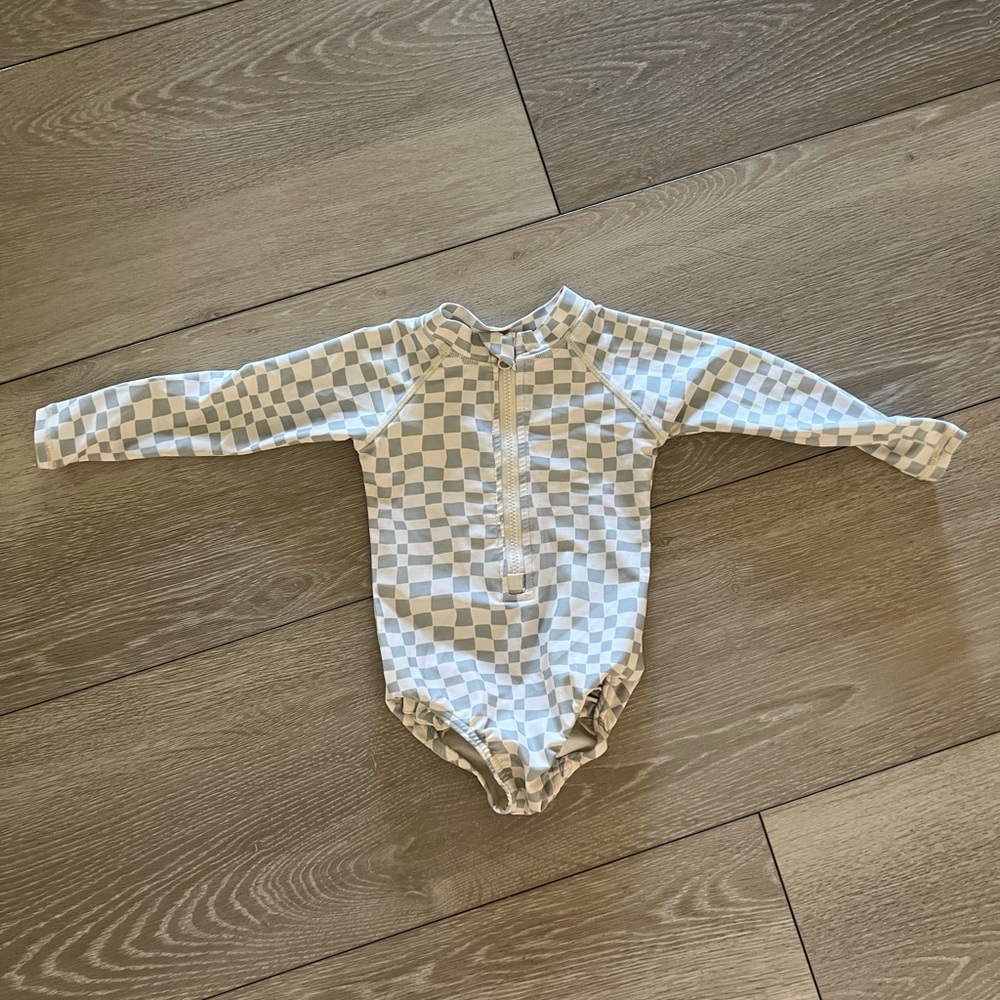 Quincy Mae Blue and White Checkered Kids Swim One Piece